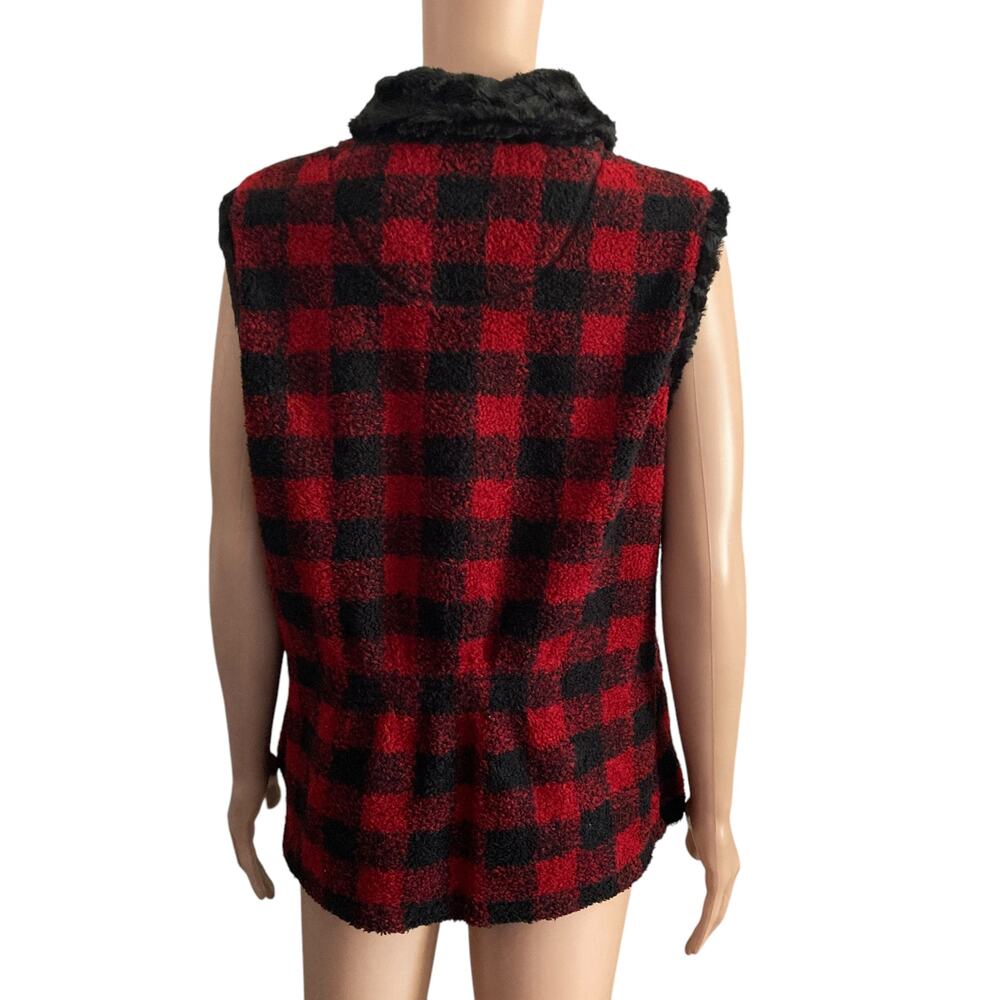 Woolrich Vest Womens Medium Tartan Black Red Plaid Faux Fur Collar - Picture 3 of 11